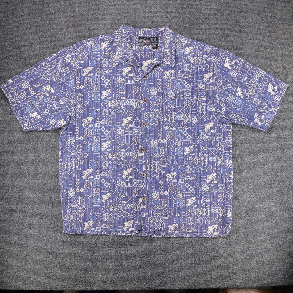 Op Sport Mens XL Hawaiian Shirt Blue White Tropical Palm Tree Cotton‎ Rayon Y2K
